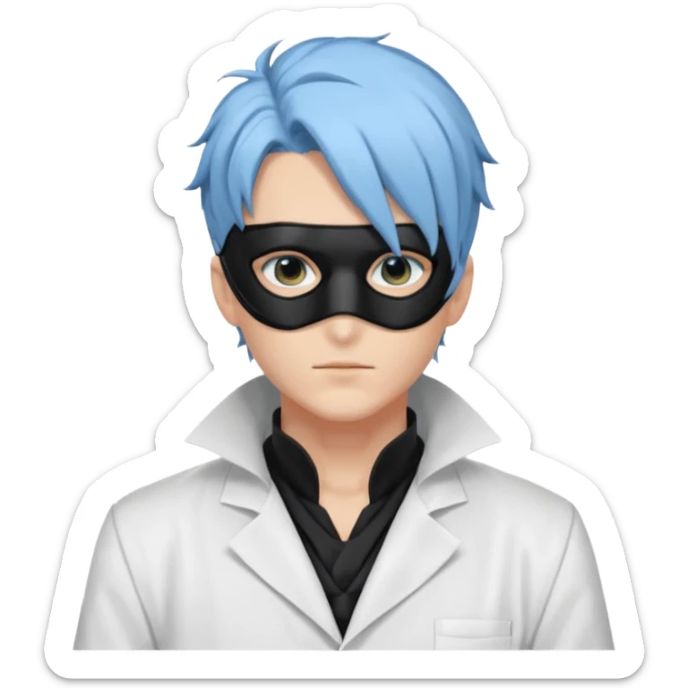 Handsome sexy adult anime man with light-blue hair and a black bird beak mask that covers whole face, wearing a white lab coat (Il Dottore from Genshin Impact) sticker