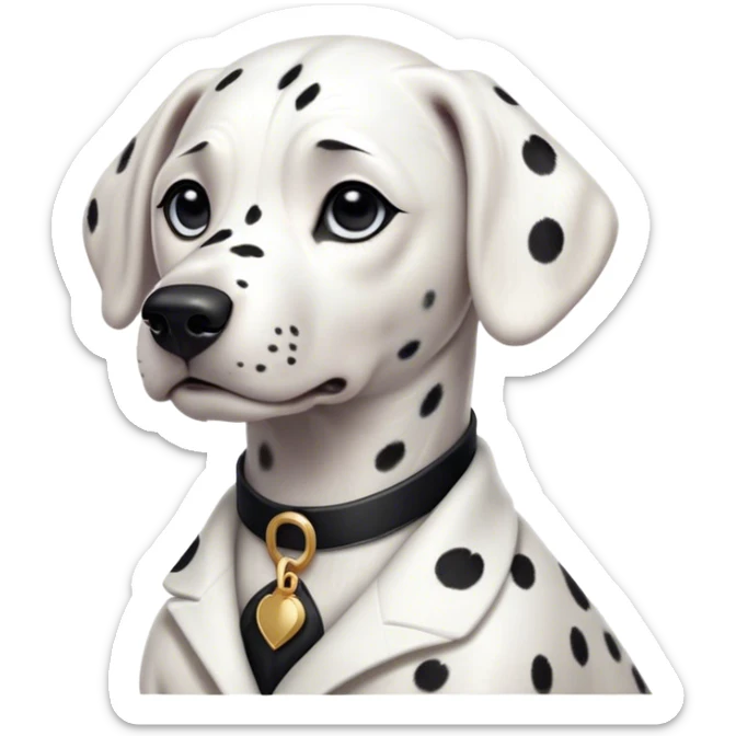 Cinematic Noble Dalmatian Portrait Emoji, Poised and regal, with a lean, athletic build and a glossy white coat adorned with distinctive black spots, deep-set soulful dark eyes, Simplified yet sharp and sophisticated features, highly detailed, glowing with a soft, dignified glow, high shine, intelligent and alert, stylized with an air of elegance, focused and attentive, soft glowing outline, capturing the essence of a watchful and confident companion, so majestic it feels as though it could dash out of the screen with effortless authority! sticker