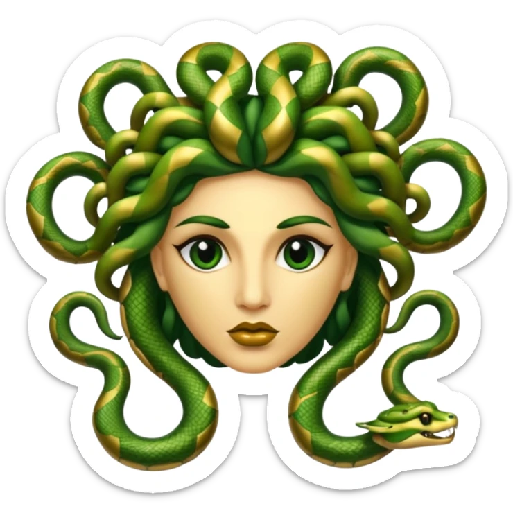 The Sicilian Medusa in gold and green and make the snake hair have snake faces  sticker