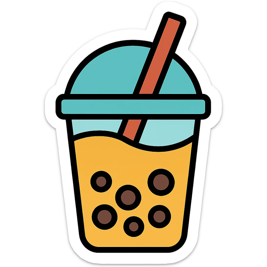 colorful outlined icon of a boba tea cup with straw and pearls sticker