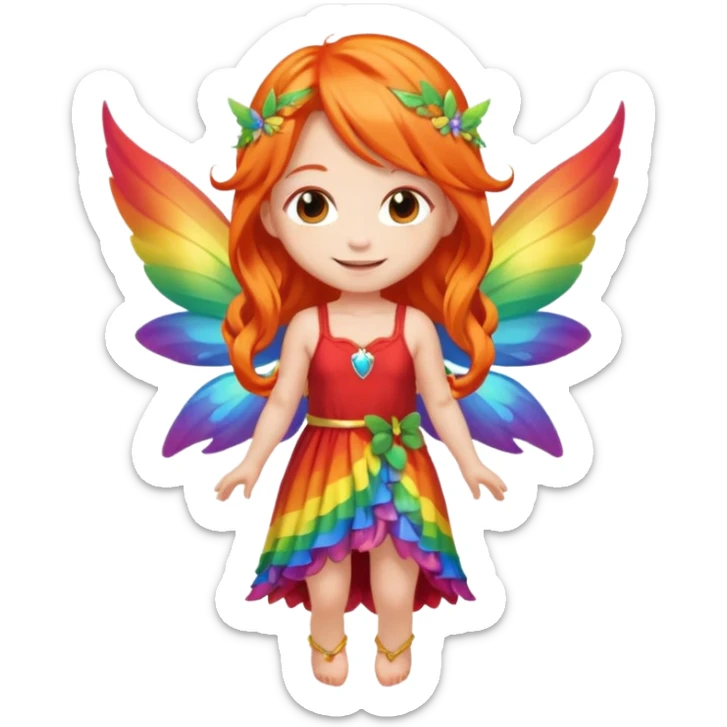 fairy with long orange hair, rainbow wings, red dress, happy, chibi full body sticker