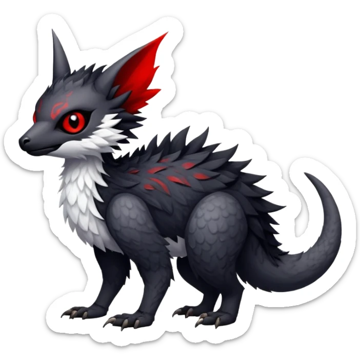 a white exotic edgy vernid-fionbr-Fakémon-creature, with black belly and red eyes, full body sticker
