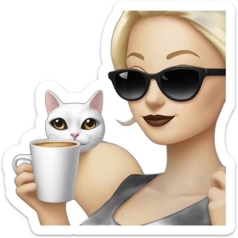 black and white cat with blonde woman drinking coffee and wearing sunglasses sticker