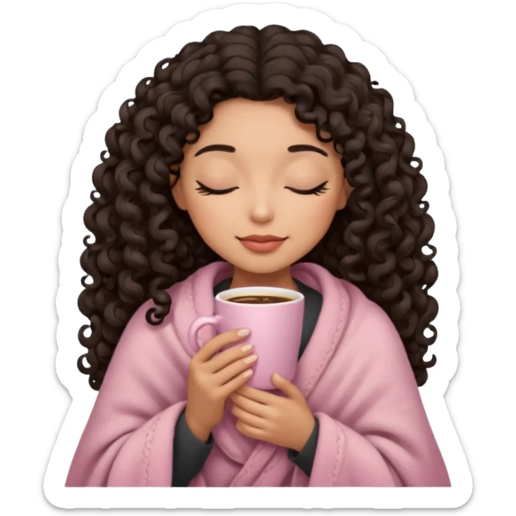 hispanic woman, light brown skin, black long 3b curls, closed eyes, feminine face, holding soft pink coffee cup with beige blanket over shoulders sticker