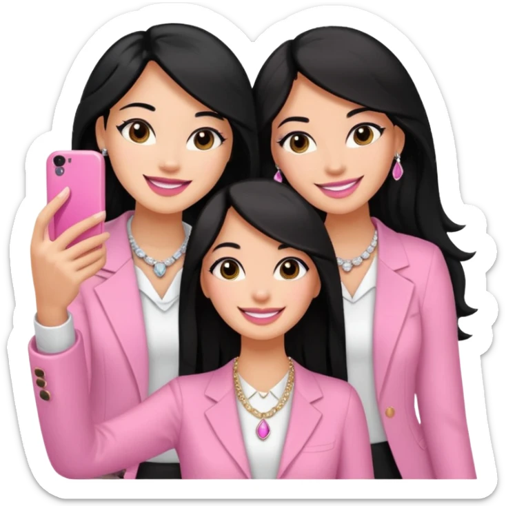 Just 3 besties with professional glammed up looks wearing pink and white, all medium skin tone smiling big with black long hair. Very girly wearing simple jewelry, taking a selfie  sticker