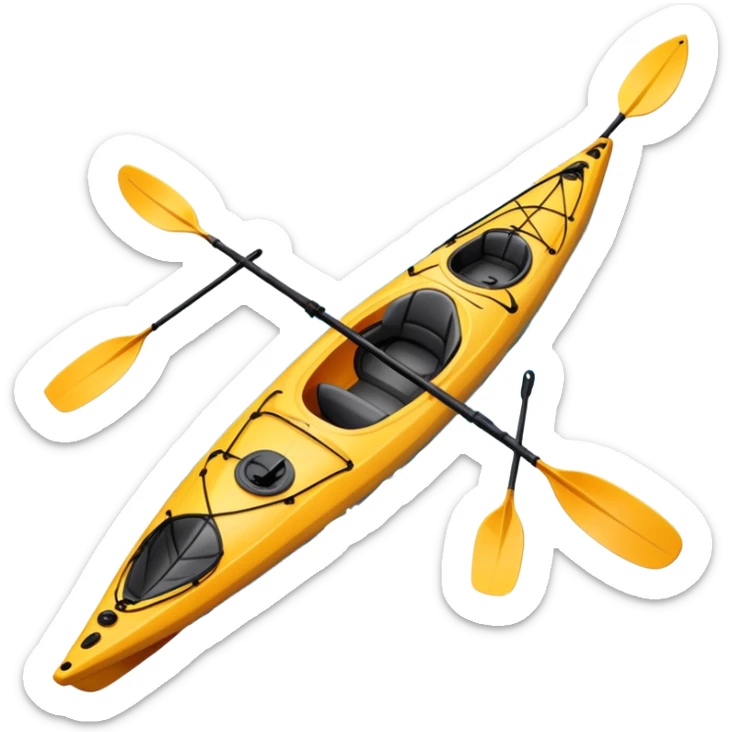 An icon showing a close-up of a sleek kayak with double-bladed paddles gliding through water. Splashes surround the boat as it cuts across a calm surface, symbolizing speed and focus. Transparent background emphasizes the dynamic and personal nature of kayak paddling. sticker