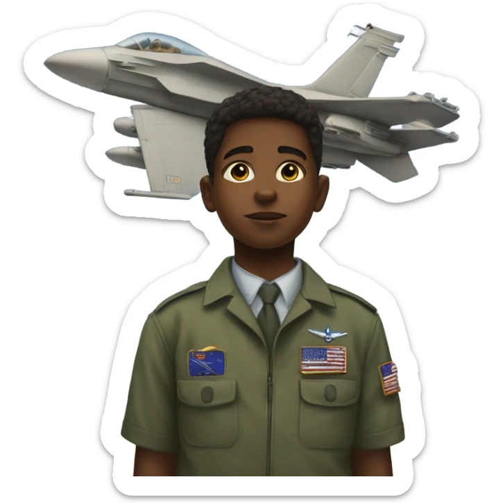 portrait of a boy gazing into the sky with the Air Force flying over head sticker
