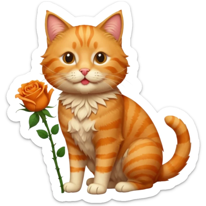 A fluffy, orange tabby cat fuul body, having a rose in it's mouth, and looked like he came from outside. sticker