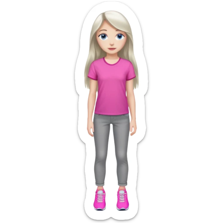 beautiful girl with long fair hair, blue eyes, in a vivid pink blouse, grey jeans and white trainers sticker