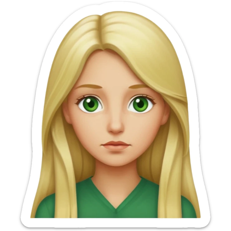 blonde with long hair and green eyes, thoughtful, iOS Apple emoji style sticker