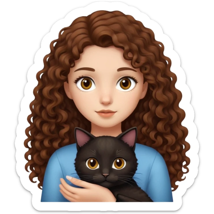 long Brown curly hair and brown eyes girl holding black cat sticker