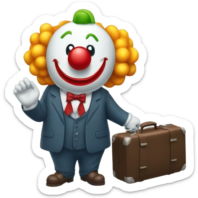 A clown in a business suit with a suitcase of money in his hand in full growth sticker