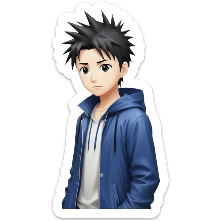 Anime-style boy with spiky hair standing alone in the rain, anime aesthetic sticker