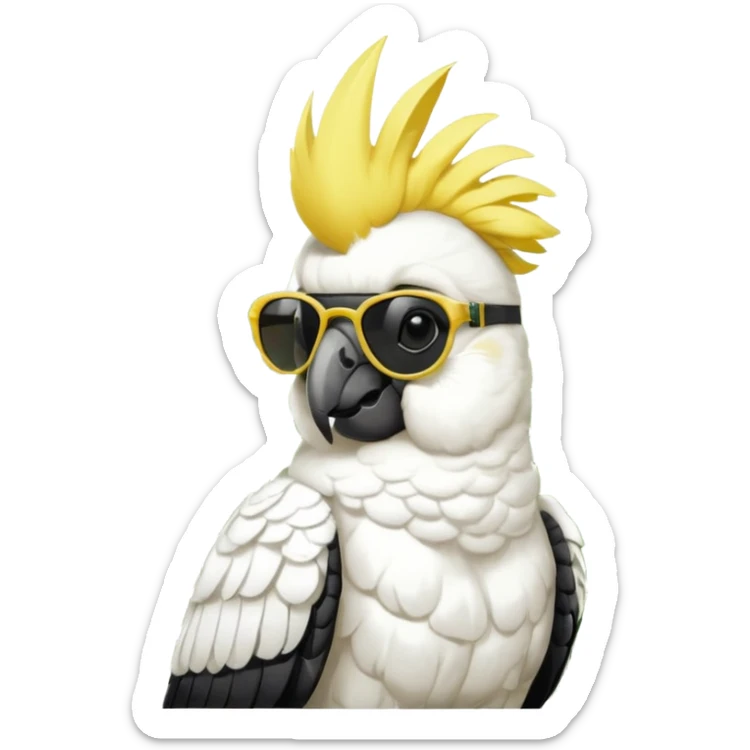 sulfer crested cockatoo wearing sunglasses sitting in a green fern tree with an australian street sign saying 'cockatoo' sticker