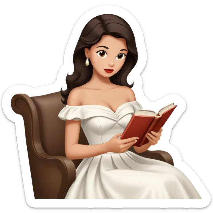 Beautiful woman in 1950’s woman fashion look, off-shoulder white dress, long dark brown hair, reading  sticker