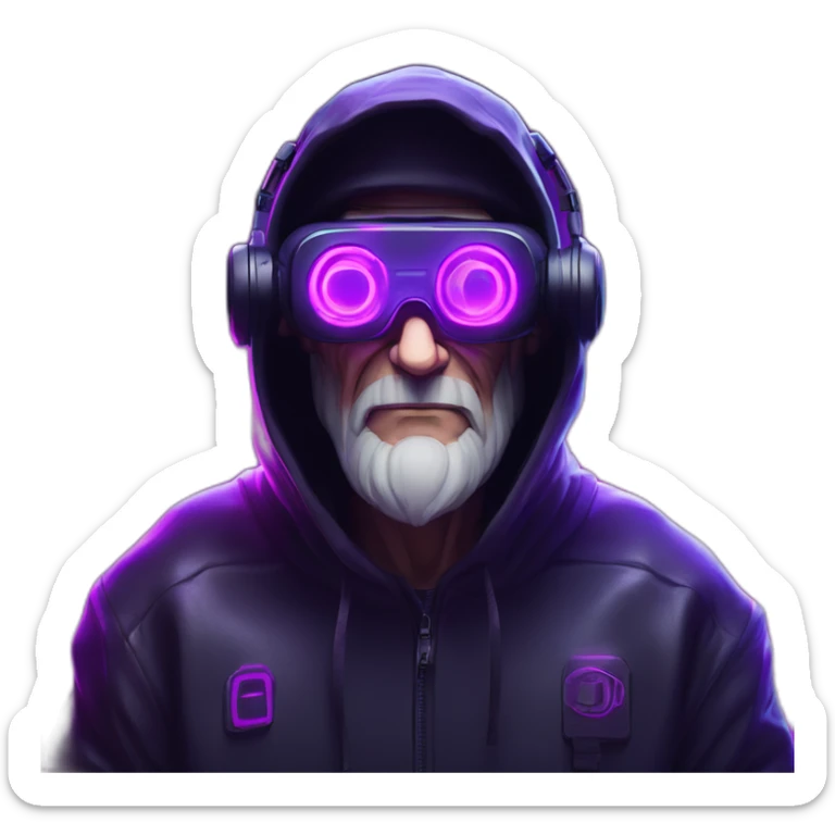 Russian old man wearing a black hoodie with "OMG" letters on it and VR headset in a cyberpunk VR environment with violet neon lighting. sticker