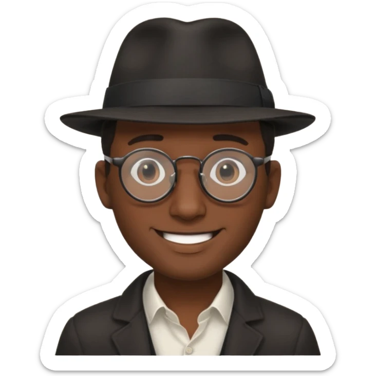 A man emoji with dark skin, wearing round glasses and a black fedora hat, with a clean-shaven face. sticker