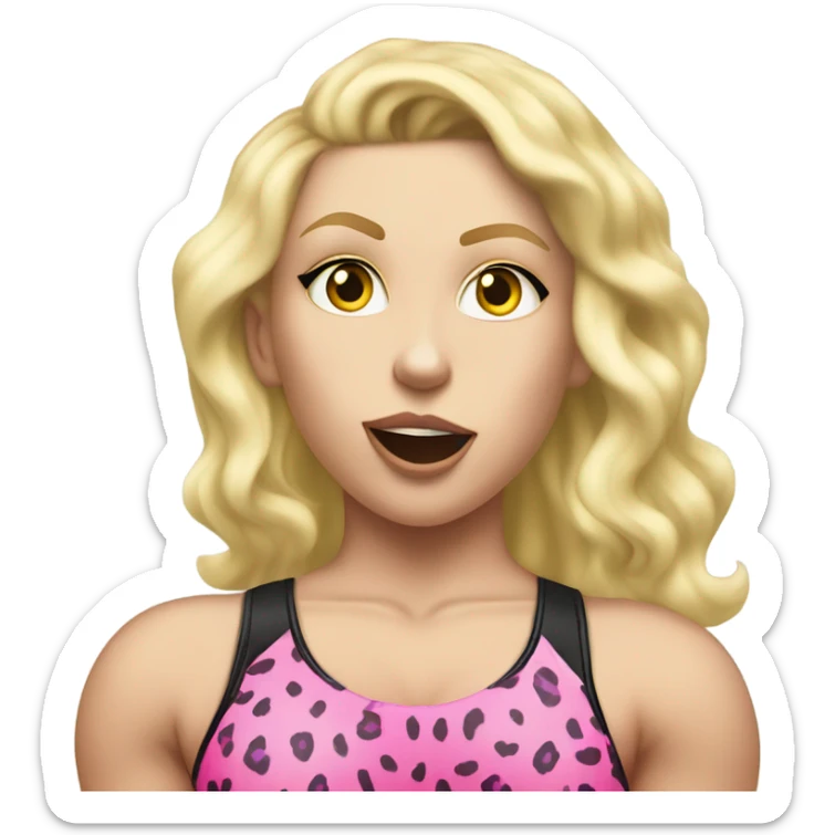 Tall blonde Caucasian muscular woman wrestler with teal eye shadow wearing a pink leopard print leotard blowing a kiss sticker