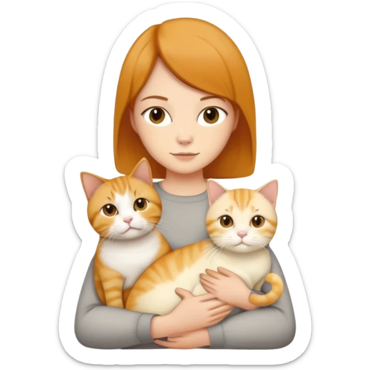 Straight short hair ear length in dark brown , skin tone honey . holding one ginger cat , one yellow white cat , one cream color cat British short hair same size  sticker