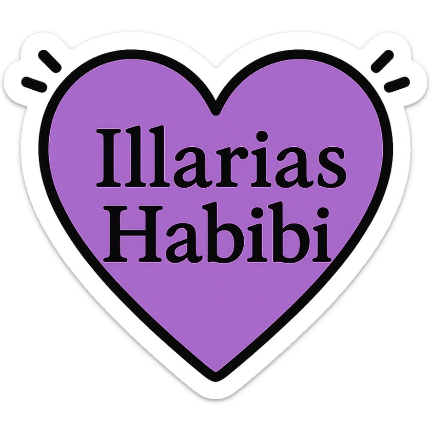 purple heart with black accents, displaying 'Illarias Habibi' in elegant lettering sticker