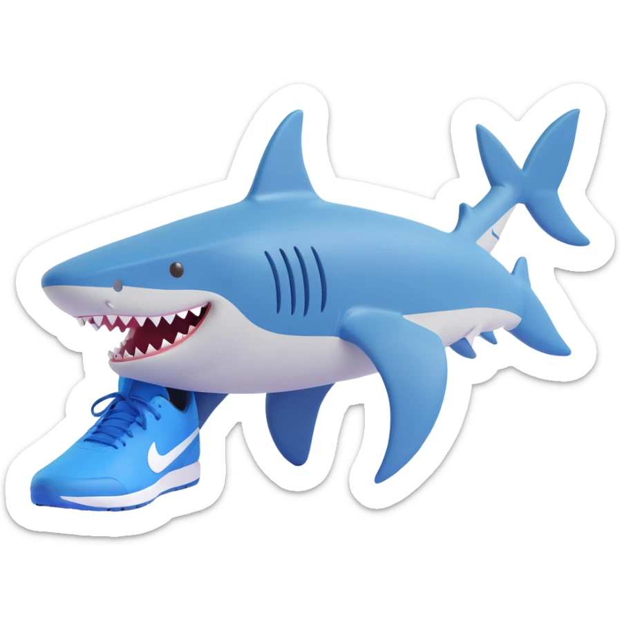 a shark with three legs, last leg near the back fin, wearing blue Nike shoes, closed mouth, 3D style sticker