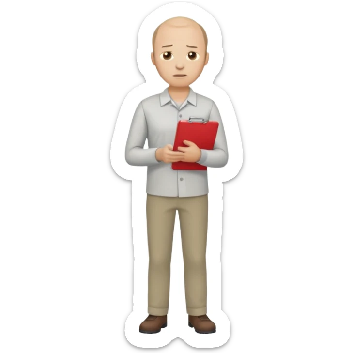man mid 30's tired shirt and trousers balding hairline standing holding a clipboard sticker