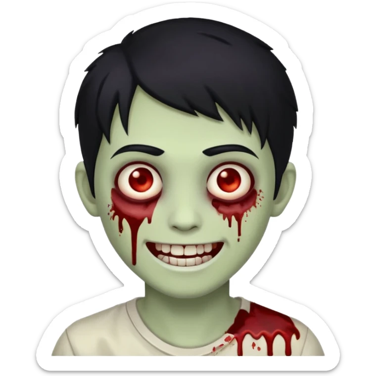 Teen zombie with black hair smiling with blood all over him sticker