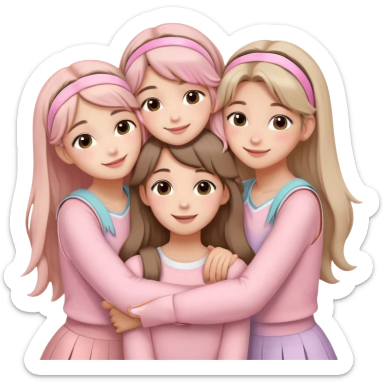 Four girls hugging each other, all wearing soft pink clothes, two with long hair and two with shoulder-length short hair, smiling, with hair accessories like headbands or ribbons, pastel color palette, soft shading, make someone pose with two fingers and someone kisses his cheek sticker