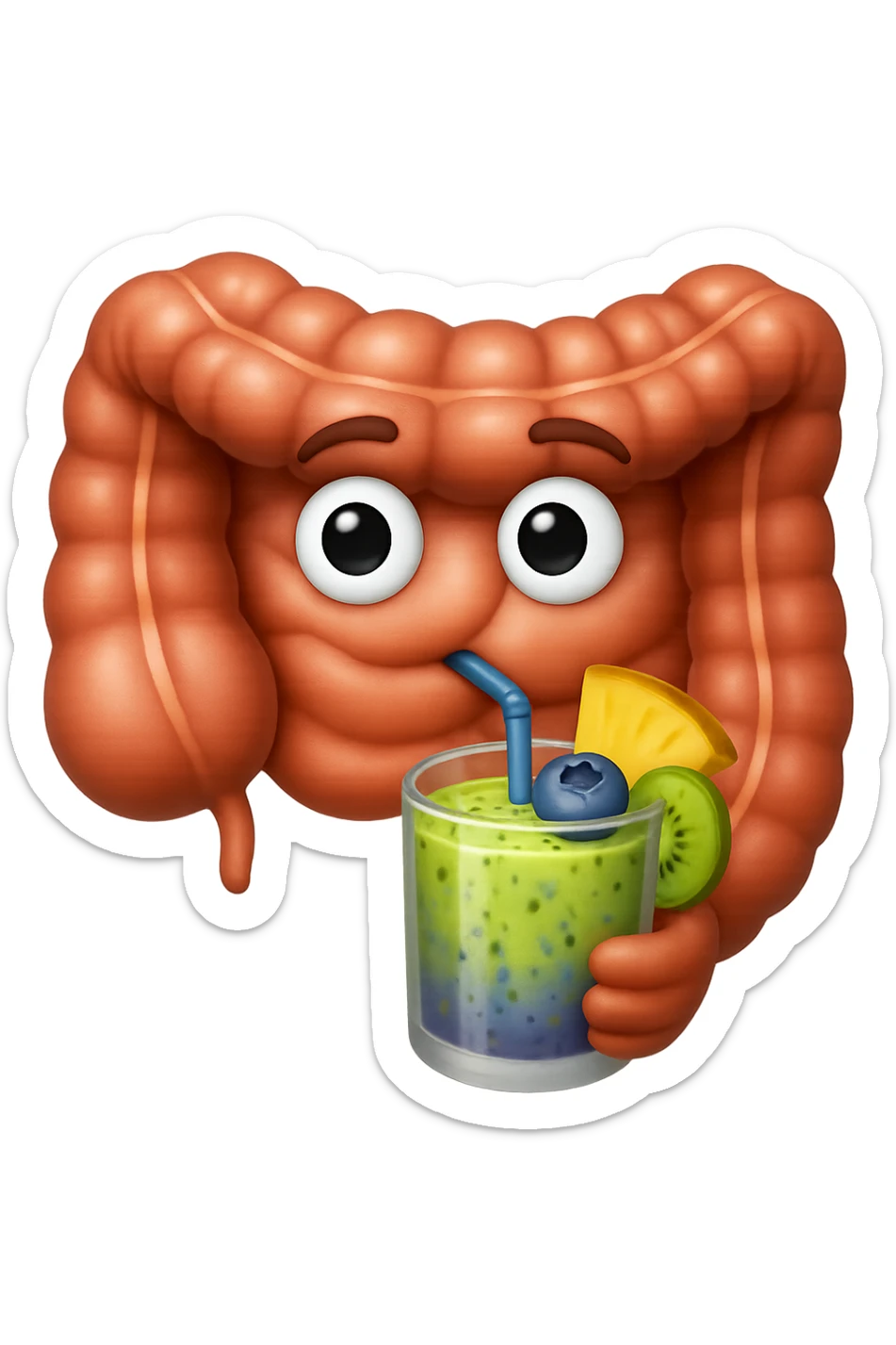 EMOJI STILE IPHONE DI un intestino umano anatomico che beve un frullato di mirtilli, ananas, kiwi, fagli anche la parte bianca degli occhi, non solo le pupille, REALISTICo 4K sticker
