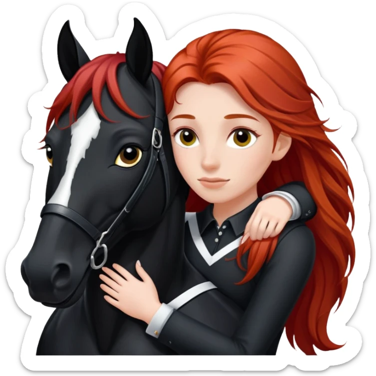 A red-haired girl with long hair and in the form of a rider hugs a black horse with a white stripe on her face and a black mane sticker