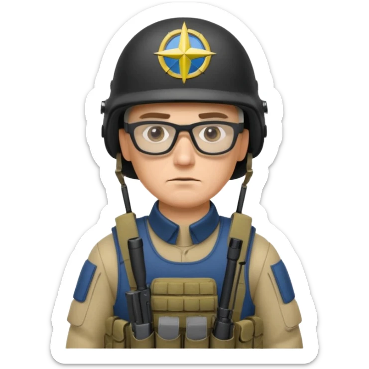 Ukrainian intelligance agency warrior man in platecarrier with nato riffle in helmet and glasses sticker