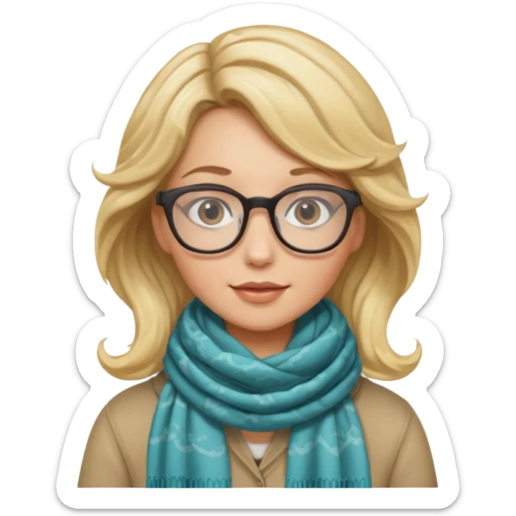 a girl drink with blonde wavy hair, wearing glasses, having scarf sticker