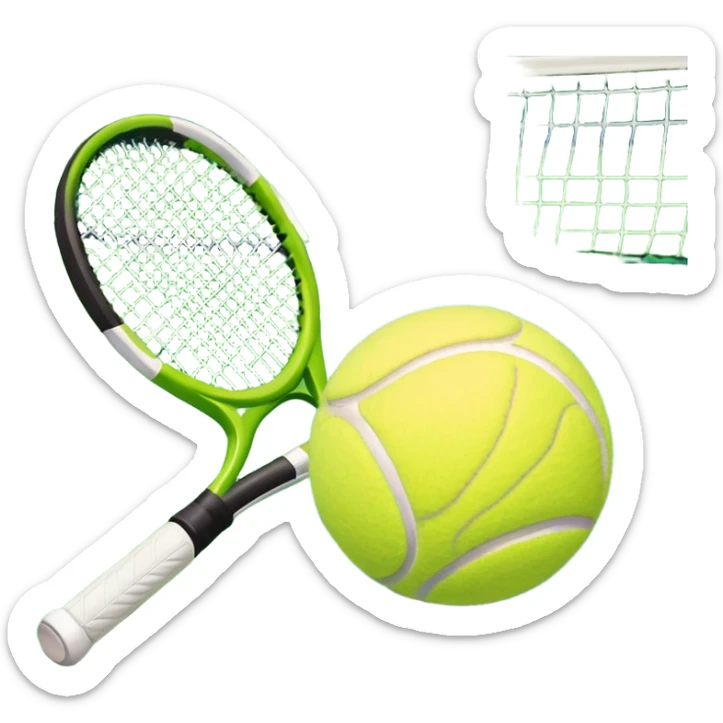 A tennis racket and a ball placed on the ground, with a tennis court in the background. The court lines and net are visible, emphasizing the structure and focus of the sport, creating a dynamic and energetic vibe. sticker