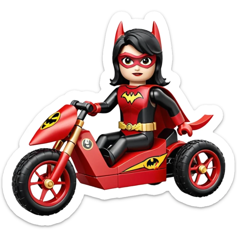 Hot full size real size-appearance electric road racing sexy BatWoman’ss feminine midnight-colored tight outfit sixty’s tv show Lego dark stealthy sporty safe plush petite off-road pursuit cruiser car rose gold accents (black hair,reclined and relaxed torso and shoulders seating position) go kart  sticker