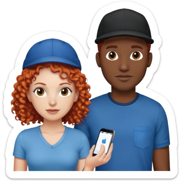 a couple a white woman with red curly hair and a black man in a blue shirt and black cap sticker