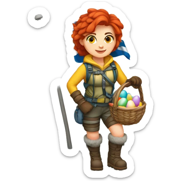 Female winter mountaineer red hair white skin climbing with Greek Flag and Easter eggs basket sticker