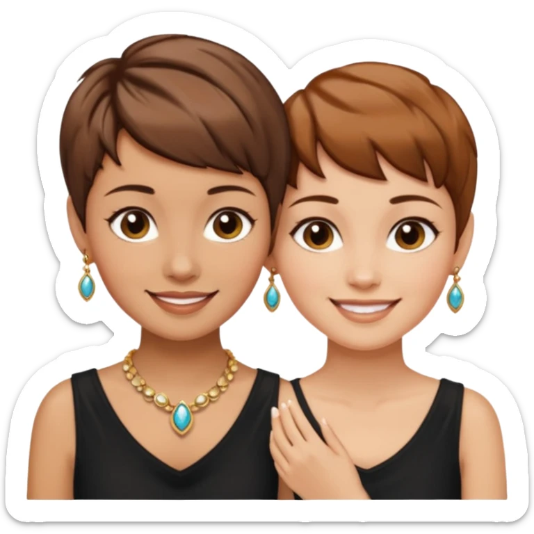 Fair skin and caramel colored besties with brown hair pixie cuts wearing jewelry  both brown hair  sticker
