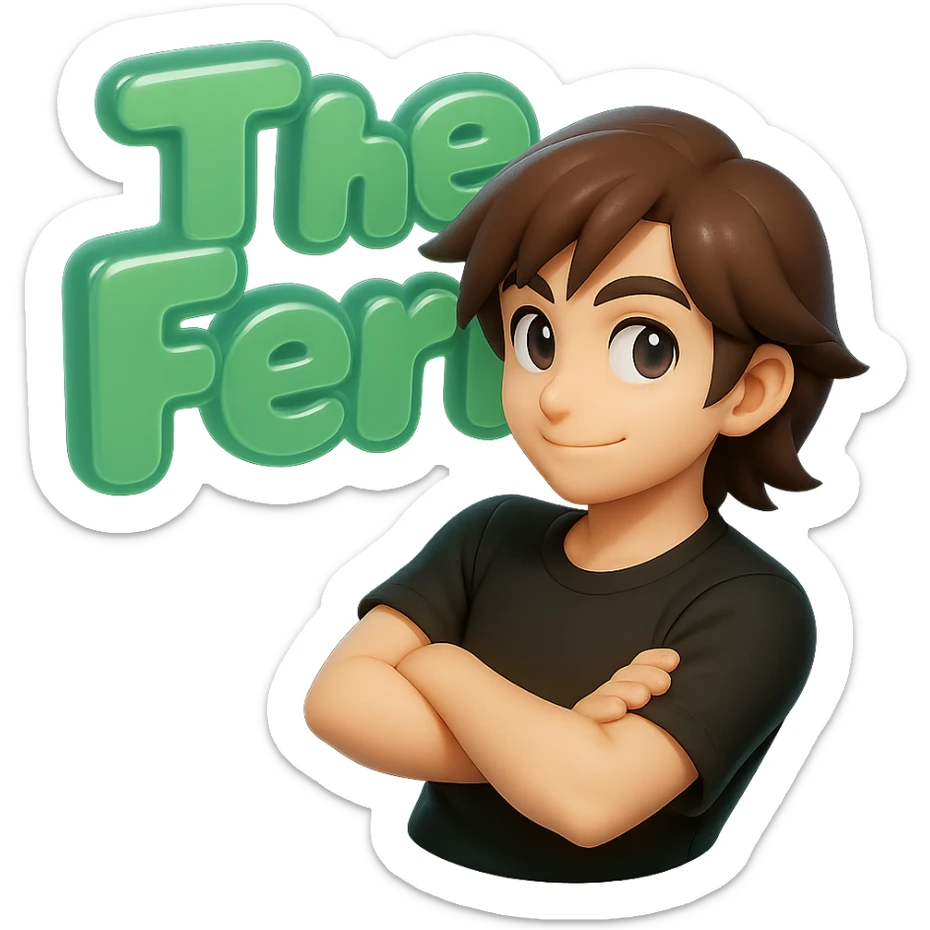 Make the brunette anime man look 20 years old with youthful facial features, still leaning to the side with arms crossed, in front of green bubble letters that say 'The Fern'. He should have a black t-shirt, no jacket, medium-length brown hair, and an expressive anime face. Keep the rounded, glossy, energetic vibe in matte glass style. sticker