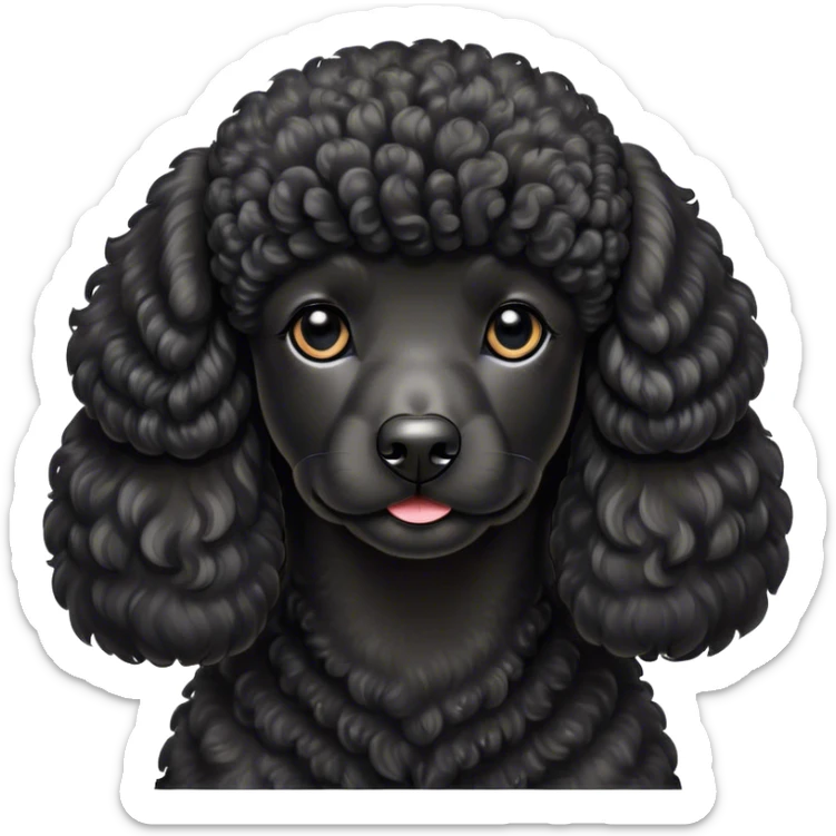 Cinematic Noble Black Poodle Portrait Emoji, Poised and regal, with a refined, elegant build and a meticulously groomed, curly jet-black Fur, deep-set soulful dark eyes, Simplified yet sharp and sophisticated features, highly detailed, glowing with a soft, dignified glow, high shine, intelligent and graceful, stylized with an air of sophistication, focused and attentive, soft glowing outline, capturing the essence of a watchful and confident companion, so majestic it feels as though it could prance out of the screen with effortless authority! sticker