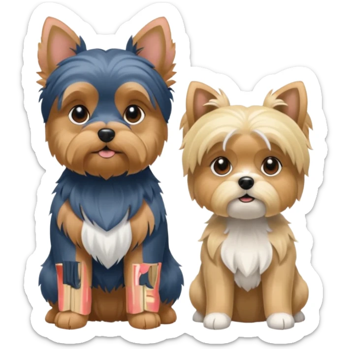 Generate a blue and tan purebred yorkie with a blonde shi tzu yorkie mix with floppy ears sitting next to each other. Make them the same size sticker