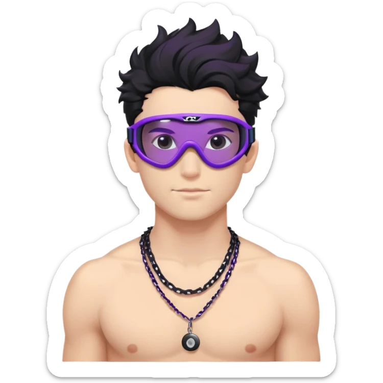 shirtless male athlete with white skin and moderately curly black hair on top with shaved sides, wearing purple ski goggles with black tinted lenses, and a simple plain black chain necklace, no earrings sticker