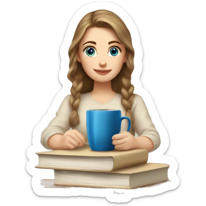 stack of beige books, Russian white girl with brown middle hair, blue eyes, sitting on table, coffee sticker