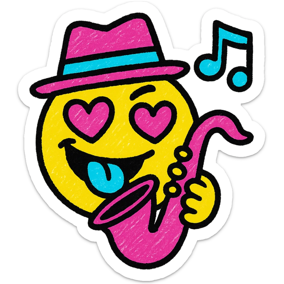 jazzy emoji, energetic, slightly unsettling but lovable, vibrant pop colors, playful style sticker