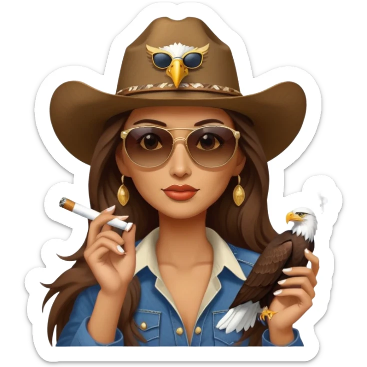 Country woman in cowboy hat with long brown hair with sunglasses with bald eagle on her arm and a cigarette in her mouth  sticker