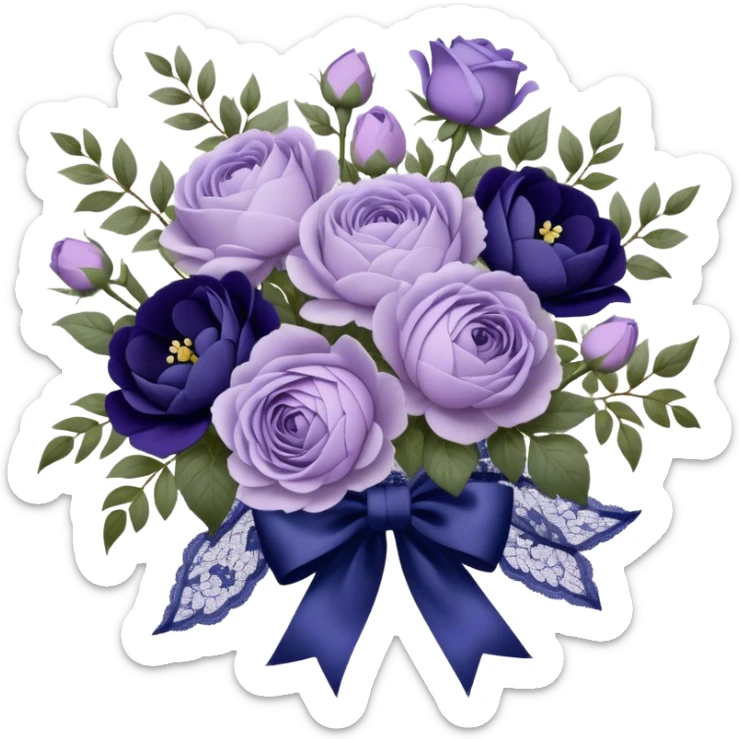 A hand-tied bouquet of soft lilac roses, pale violet peonies, and deep indigo pansies, bound with layers of vintage lace and a faded purple silk bow, rests upon a carved wooden vanity, beside an antique silver heart-shaped mirror reflecting the timeless beauty of love’s gentle touch. sticker