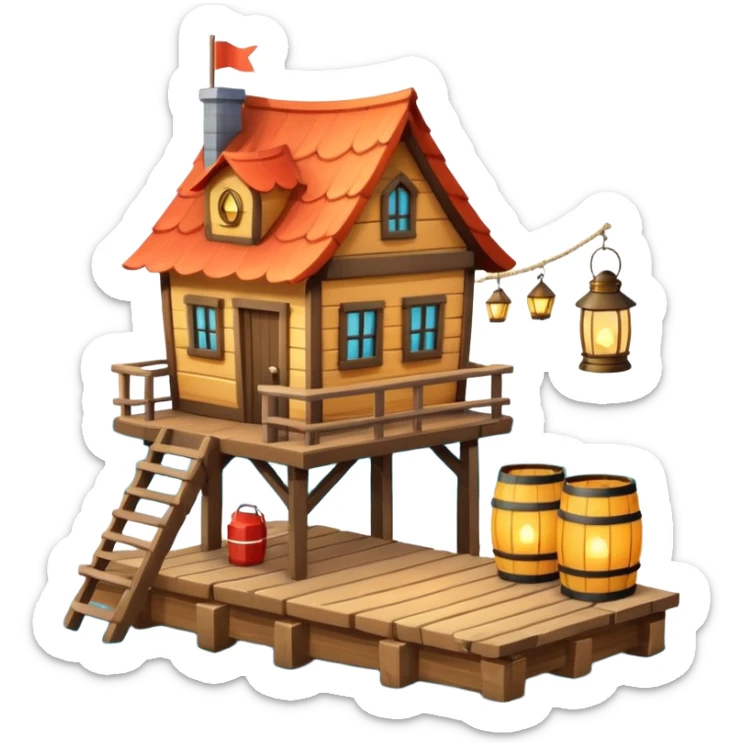 
fisherman house on a wooden pier, small dock, fishing nets hanging, barrels, lantern, ocean vibe, 3D cartoon, cute mobile game icon, clean background, no text
 sticker