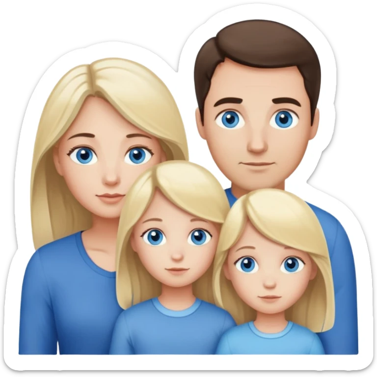 Family portrait with father with dark brown hair and blue eyes, mother with light brown hair and blue eyes, three blonde little girls with blue eyes sticker