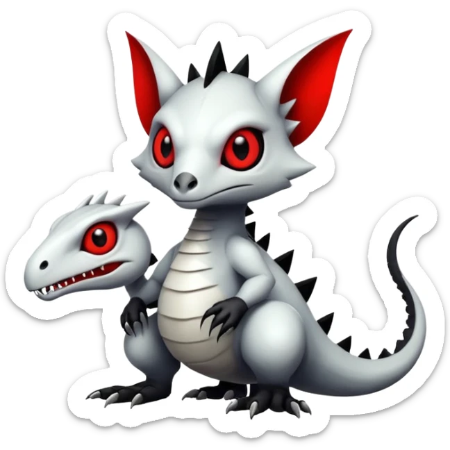 a white exotic edgy vernid-fionbr-Fakémon-creature, with black belly and red eyes, full body sticker