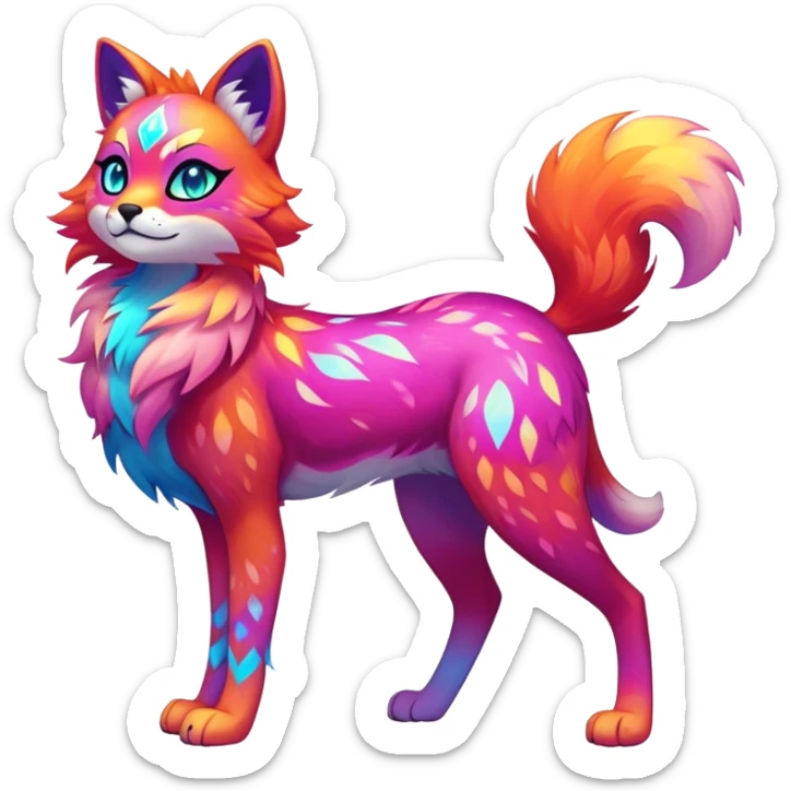 Vibrant multicolored neon-colored Falvie-Fionbri-creature-sparkle-feline-canine-hybrid-fursona, full body, fur pattern-markings sticker