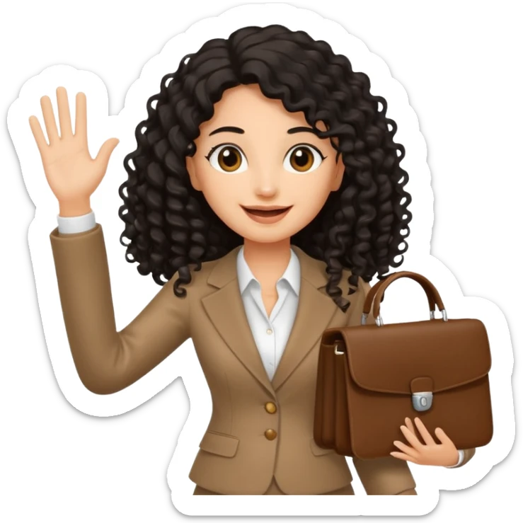 medium deep tan brown business woman with long black curly hair, waving hand with happy face and holding a close laptop and carrying a bag on her dhoulder sticker